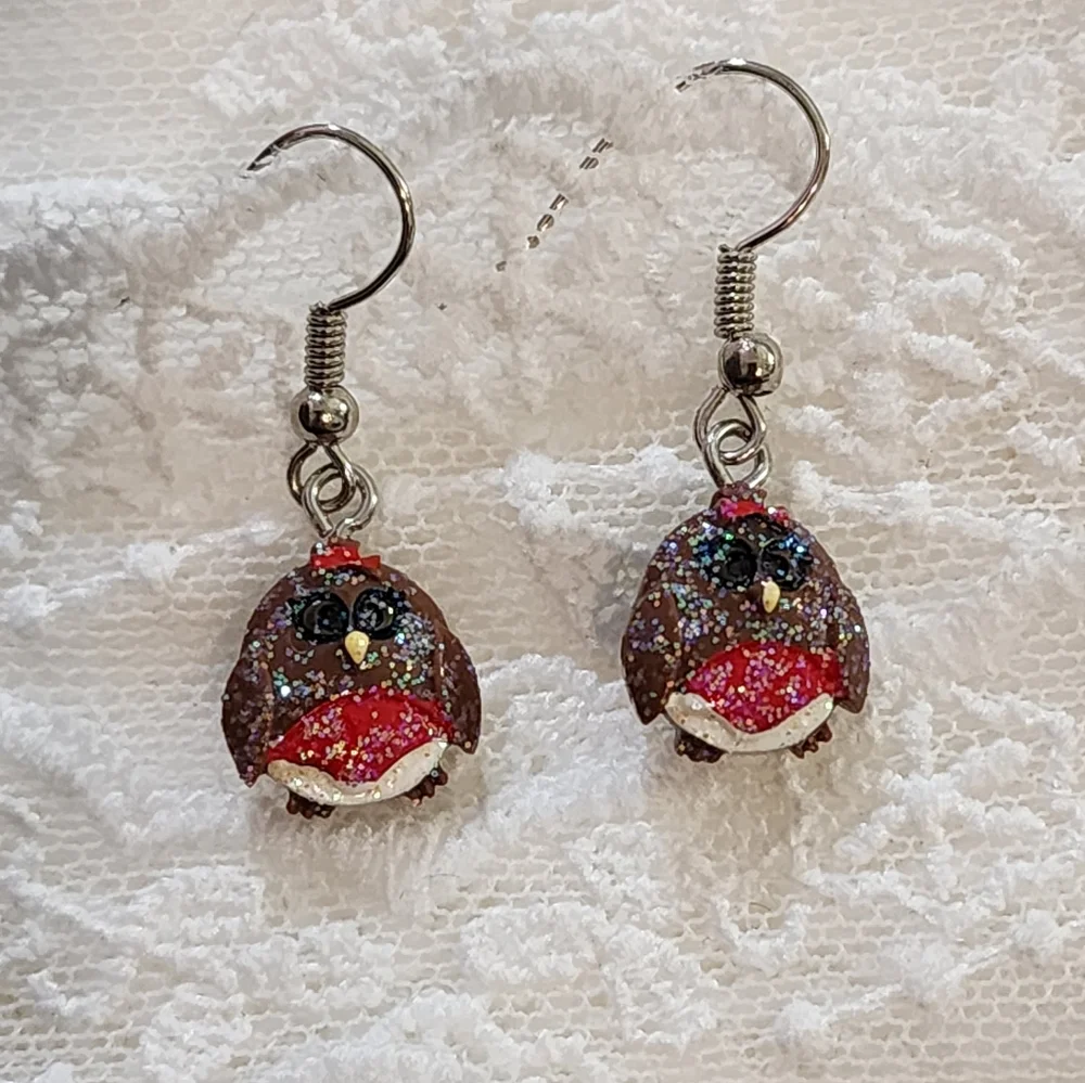 Fun Whimsical Fairycore Glittery Owl Pierced Dangle Drop Wire Earrings